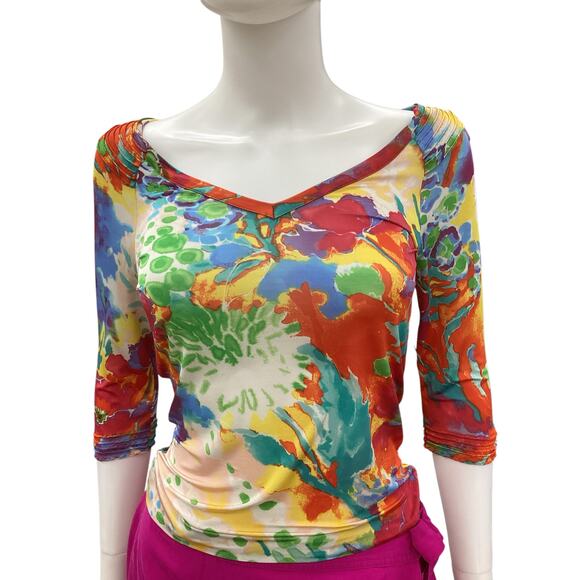 ETRO MilanoTop Women’s Size 10 Stretchy Lightly Sheer 3/4 Sleeve Multicolor - Picture 1 of 5